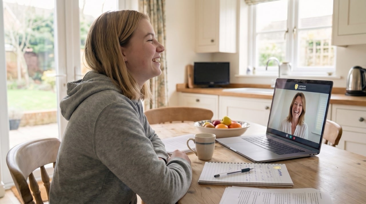 A student laughing during an online tutoring lesson at her kitchen table